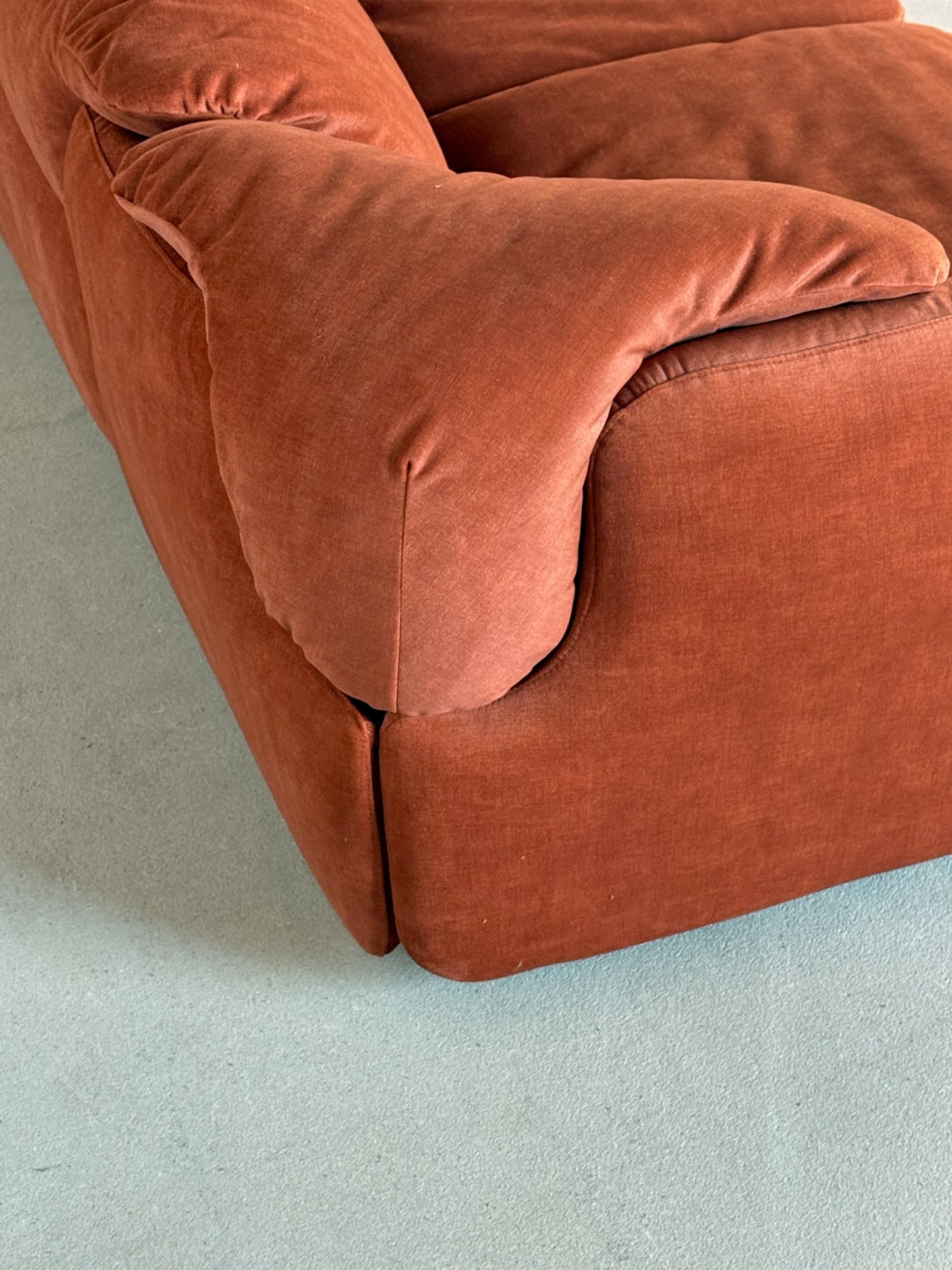 CONFIDENTIAL rusty red velvet sofa