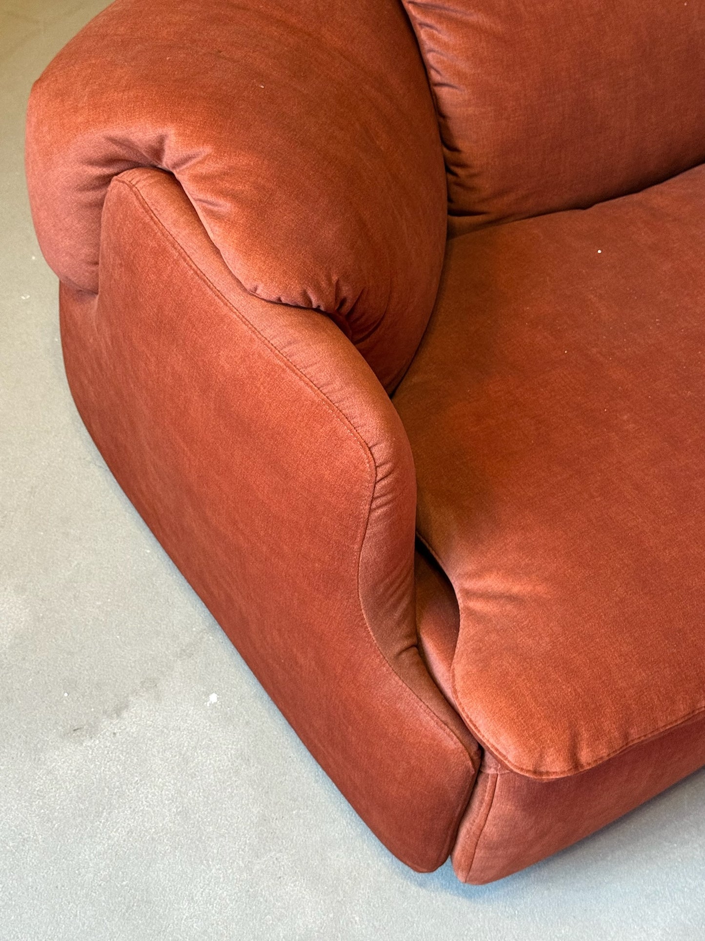 CONFIDENTIAL rusty red velvet sofa